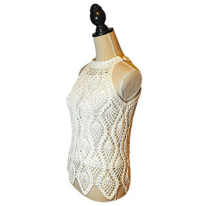 Handcrafted Intricate Boho Crochet Halter Tank Top, S, White